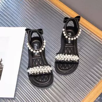 Туфли принцессы 2024 года, милые, с открытым носком и бантом сзади, повседневные, в британском стиле, детские, модные, для девочек, сандалии для вечеринок, свадебных шоу 23 чёрный