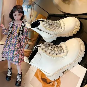 Туфли принцессы осенние и зимние бархатные теплые детские короткие сапоги для девочек осенние черные утолщенные кожаные сапоги 26 белый