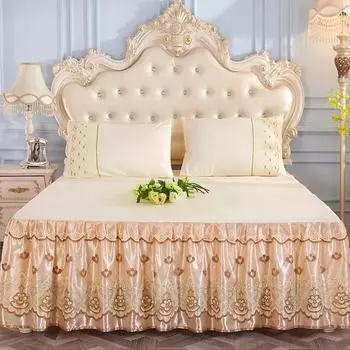 Princess Style Ruffles Fitted Bed Sheet Set Luxury Pleated Lace Edge Bed Linen Set High End Embroidery Bedsheet with Bed Skirt 180x220cm olny 1 Pcs&Fitted Sheet