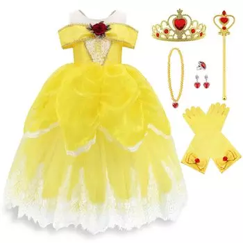 Принцесса Белл Дети и Чудовище Платье Роскошные Дети Желтый Сценический Приз [TYHTYM] Платье, Детское Платье, (Красота + Тиара и т.д.), Набор из 7 предметов,