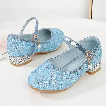 Принцесса Девочки Высокие каблуки Весна Осень Дети Свадебное платье Кожаные Туфли Повседневные Универсальные Блестящие Пайетки Детские Одиночные Туфли 24 синий