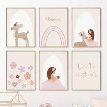 Принцесса Девушка Олень Радужный Цветок Детская Настенная Живопись Холст Плакаты на скандинавскую тему и принты настенные панно Декор для детской комнаты A4 21X30cm No Framed