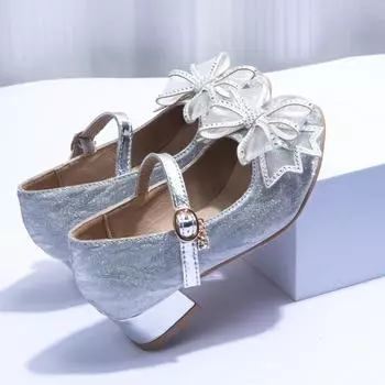 Принцесса для девочек, сезон 2024, новые дышащие детские туфли на толстом высоком каблуке с одним бантом и кристаллами 27 розовый