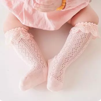 Принцесса Кружевные Носки с Рюшами Летние Ажурные Гольфы до Икры 0-3 года Детские Высокие Носки Тонкий Хлопок Однотонные Девочка Длинный Носок fit 0-1 year