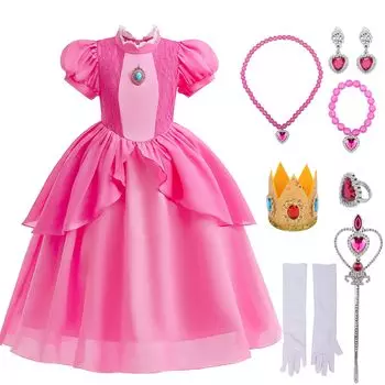 Принцесса Пич Косплей Костюм на Хэллоуин Принцесса Пич Платье Аксессуары Корона Серьги Браслет Набор из 8 предметов Очень милый для повседневной носки