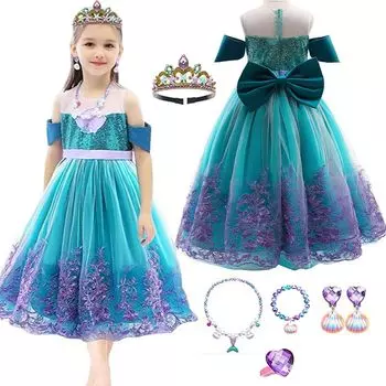 Принцесса Роскошь Ариэль Русалочка Принцесса Ариэль Принцесса Русалочка Одна принцесса Дети Для Памятного Сценического Косплея Зеленый 110 [AOTYP] Платье, Детское зелёный