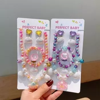 Принцесса Рыбий Хвост Ожерелье Ракушка Комплект Изысканный Браслет Из Бисера Ручной Работы Дети pink&purple beck