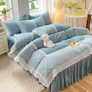 Принцесса Ветер Grinding Четырехсекционная юбка Кружевное одеяло Покрывало Простыня Постельное белье из трех частей для спальни 1.5M bed