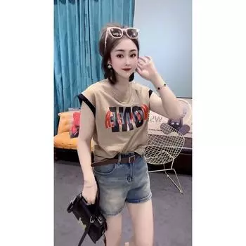 Print 2023 New Loose Top T-shirt with Short Sleeves Khaki XL
