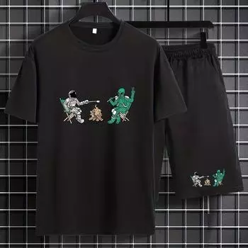 Принт «Астронавт и инопланетянин», летняя повседневная футболка и комплект шорт со свободной талией S