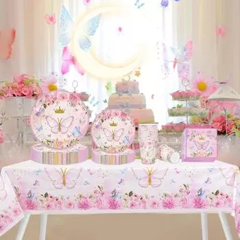 Принт «Бабочка» Посуда Костюмы Тема «Бабочка» Бумажные тарелки Чашки Салфетки Соломинки Детский душ straw-12pcs