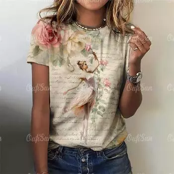 Принт балетной танцовщицы Винтажная футболка Элегантные женские футболки Пуловеры Повседневные топы с коротким рукавом Женская одежда Свободная уличная одежда S