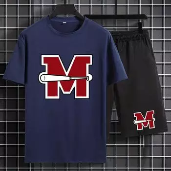 Принт буквы M и бейсбольной биты, летняя повседневная футболка с короткими рукавами и круглым вырезом, комплект из шорт на талии S