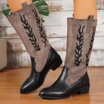 Print Chelsea Women Mid Heels Calf Boots Pointed Toe Shoes Winter 2025 New Goth Gladiator Casual Shoes Retro Trend Botas Mujer 36 темно-коричневого