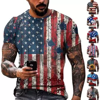 Принт «День независимости» — мужская повседневная футболка с круглым вырезом и короткими рукавами L синий