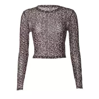 Принт Длинные Рукава Летние Облегающие Топы с Круглым Вырезом Сетка Leopard print S