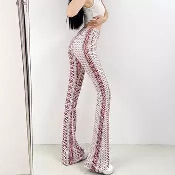 Print Elastic Thin Sheath Slim Fit All-Match Bootcut Trousers Pink Ethnic Print Pants S (45.00 kg-60.00 kg
