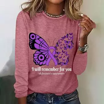 Принт фиолетовых бабочек, дизайнерские женские футболки, осенняя хлопковая футболка с длинными рукавами, повседневная трендовая женская одежда, топы S