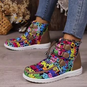 Print Flats Ankle Women Boots Casual Sneakers Sport Shoes Winter 2025 New Fad Goth Travel Runninng Shoes Trend Snow Botas Mujer 36 синий