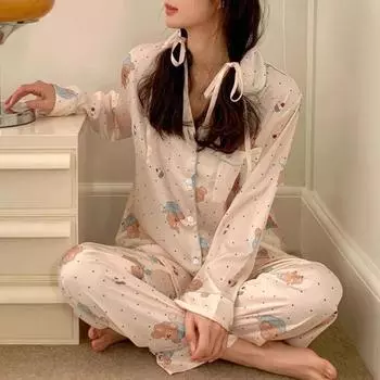 принт из мультфильма 2 предмета женская шелковая атласная пижама пижамный комплект пижамы пижама осень длинный рукав топы брюки комплект домашняя одежда пижама M