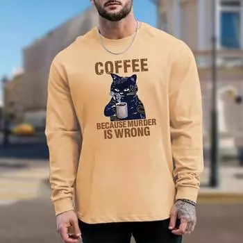 Принт «Кот пьет кофе» Мужские футболки с длинным рукавом, повседневный свитер с круглым вырезом, мужская одежда больших размеров XS белый