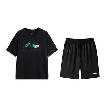 Принт логотипа Li Ning Буква Модный Удобный Простой Трендовый Универсальный Пуловер с круглым вырезом Повседневный Спортивный костюм Костюм унисекс AHSVD61-2+AKSV843-1 L
