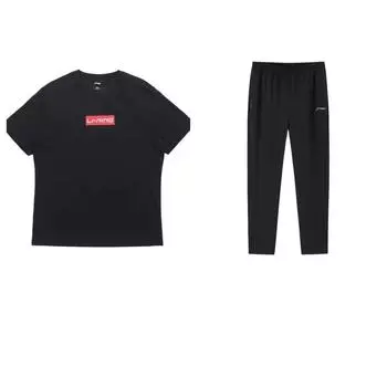 Принт логотипа Li Ning, круглый вырез, заниженная линия плеча, короткий рукав, быстросохнущий, прямой, эластичный пояс, длинные брюки, повседневный спортивный комплект, мужские комплекты AHSR665-1+AYKT525 S