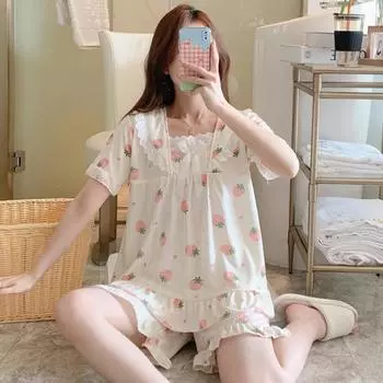 Комплект домашней одежды с принтом, мягкая ткань, бант, рукава-фонарики, квадратный вырез, эластичные шорты для женщин, лето M