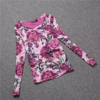Print Mesh T-shirt Women s European Station 2024 Spring New Arrival Long Sleeves Bottoming Shirt Silm round Neck All-Matching Tops Rose Red 3XL