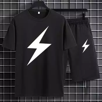 Принт молний, мужской комплект из двух предметов: удобная футболка с короткими рукавами и повседневные шорты на шнурке. S