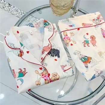 Пижама с принтом для женщин, шелковая, как у милой собаки, комплект из двух предметов, топы с длинными рукавами, брюки полной длины, для отдыха, весна-осень M