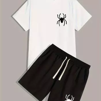 Принт паука, мужской костюм-двойка, футболка с круглым вырезом и короткими рукавами, комплект из шорт с поясом. S