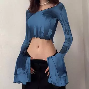 Print round Neck Long Sleeve See-through Casual Top Mesh Blue M