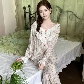 Print Round Neck Pajamas Women s Cute Long Sleeve Cotton Loose Casual Home Clothes M