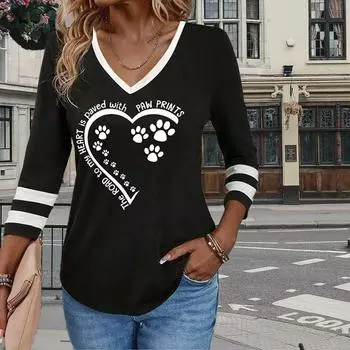 Принт с изображением собачьей лапы, женские футболки, женские топы, длинные рукава, V-образный вырез, женские футболки, футболки для женщин XS чёрный