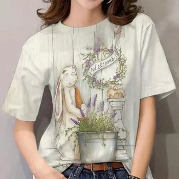 Принт с изображением животных из мультфильмов, милый узор с кроликом, винтажная футболка, свободные короткие рукава, женские футболки, топы, повседневная женская одежда, уличная одежда S