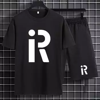 Принт с логотипом «IR», летняя мужская повседневная футболка с круглым вырезом, короткими рукавами и шорты на шнурке. S