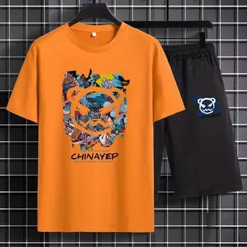 Принт с мультяшным медведем, летняя повседневная футболка с круглым вырезом, короткими рукавами и шорты на талии. S