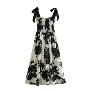 Print Shoelace Dress Women s Provence Homemade Fashion Style French Style Casual Waist Tight Sexy Open Back Long Skirt Figure S