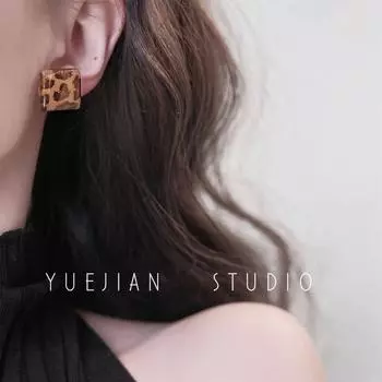 Print Small Sugar Cube ~ Fall and Winter Vintage Leopard Print Super Beautiful Stud Earrings for Women Fashionable Minority Mosquito Coil Ear Clip A pair of square ear needles