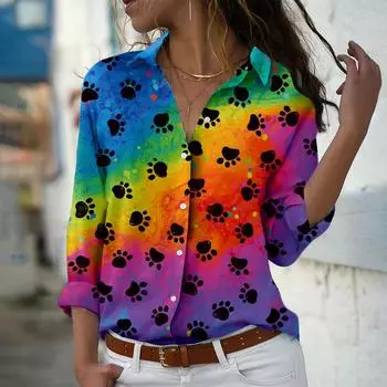 Принт собачьей лапы Женская блузка весна осень женская офисная женская рубашка на пуговицах с отложным воротником XS чёрный