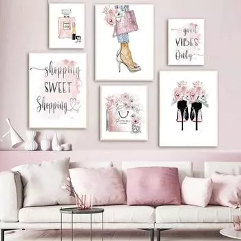 Принт женский модный художественный постер розовый цветочный парфюм холст картина настенная картина макияж салон красоты декор для комнаты для девочек A4 21x30cm No Frame