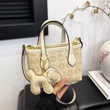 Printed bucket bag women s new fashion trendy messenger bag versatile texture portable shoulder bag бежевый