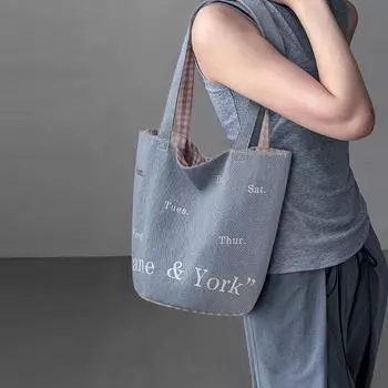 Printed Denim Student Schoolbag Korean Ins Lazy Style Large Capacity Portable Shoulder Bucket Bag синий