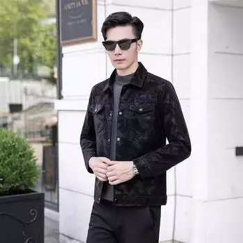 Printed Leather Men s Jacket Spring and Autumn New Style Lapel Fashion Korean Style Trendy Large Size Men s Leather Jacket L чёрный