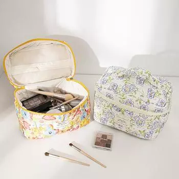 Printed Makeup Storage Bag Large Capacity Cosmetic Pouch Portable Cotton Bathroom Zipper Wash Pack Women Toiletry Kit for Travel