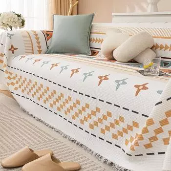 Printed Sofa Towel Knitted Tassel Waffle Sofa Cover Breathable Non-Slip Sofa Cover Cloth Four Seasons Universal 90*180cm