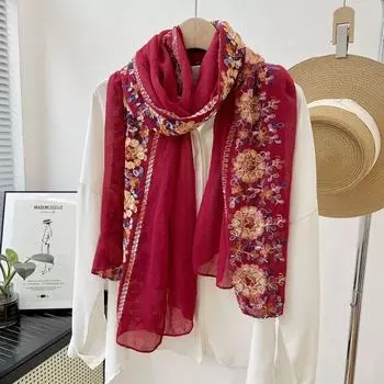 Printing Shawl Large Shawl Cotton Linen Embroidery Flower Scarf Ethnic Style Scarf Autumn Winter