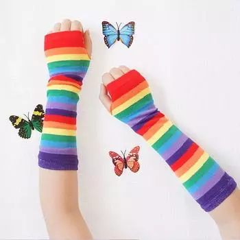 Printing Sun Protective Female Arm Warmers Knitting Gloves Striped Arm Warmers Rainbow Sleeve Cuff with finger holes