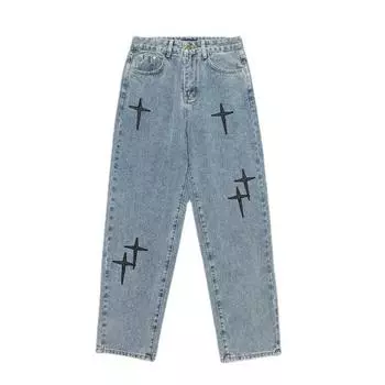 Prints Jeans Men 2024 New Streetwear Baggy Wide Leg Jeans Korean Fashion Straight Casual Loose Denim Cargo Pants M синий